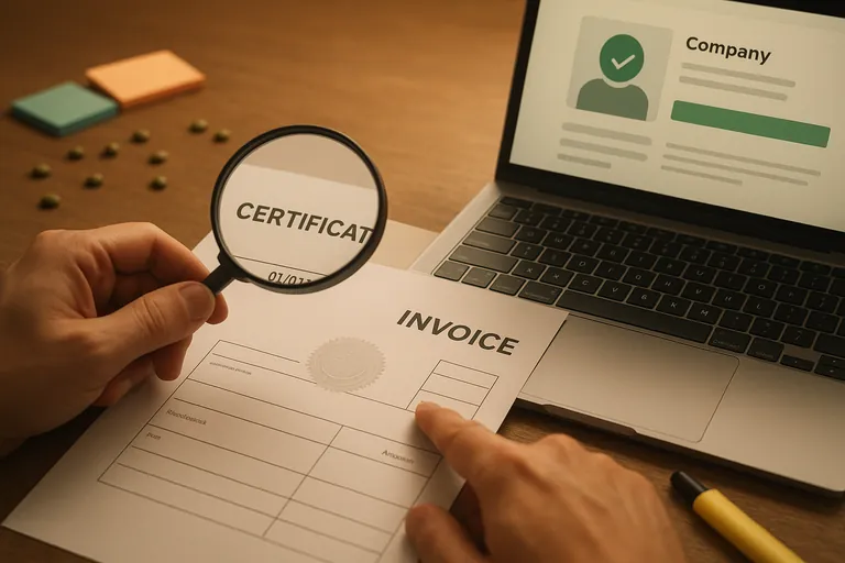 Close-up of hands cross-checking a printed certificate and an invoice against a certification registry on a laptop, with coffee beans scattered on the desk.