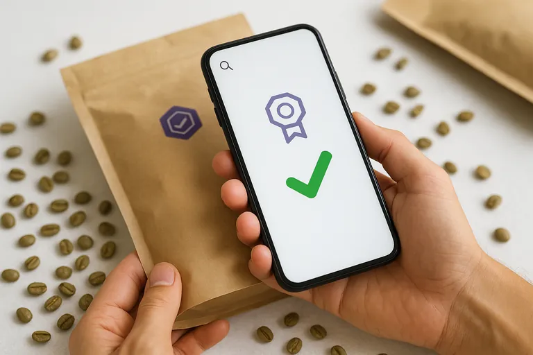 Close-up of hands holding a smartphone above a coffee bag featuring a purple geometric certification seal, with the phone showing a verification screen with checkmarks; green coffee beans and another bag in the background.