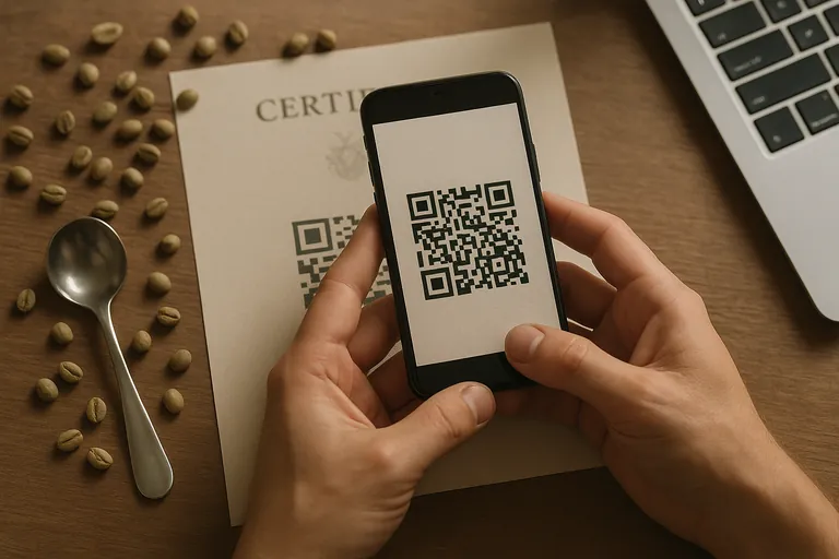 Close-up tangan memindai kode QR pada dokumen izin usaha di samping biji kopi hijau dan sendok cupping.