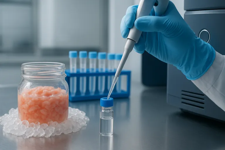 Close-up of lab verification for antibiotic residues: gloved hands pipetting a clear extract into an autosampler vial beside minced shrimp tissue on ice, centrifuge tubes, and an LC–MS/MS instrument in a bright, clean lab.