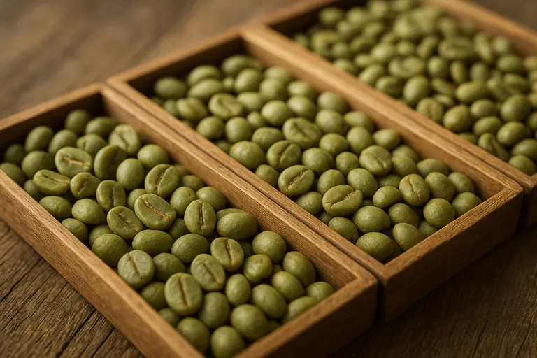 Close-up of neatly sorted green Robusta coffee beans of varying grades placed in wooden trays showing difference in size and quality under soft natural light.