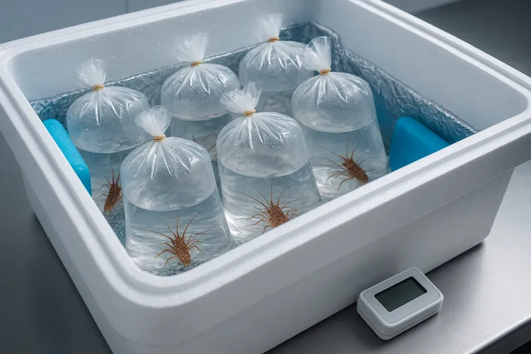Close-up of properly packed oxygen-filled bags with spiny lobster juveniles inside an insulated cooler lined with gel ice packs and a thermometer, on a stainless steel packing table.