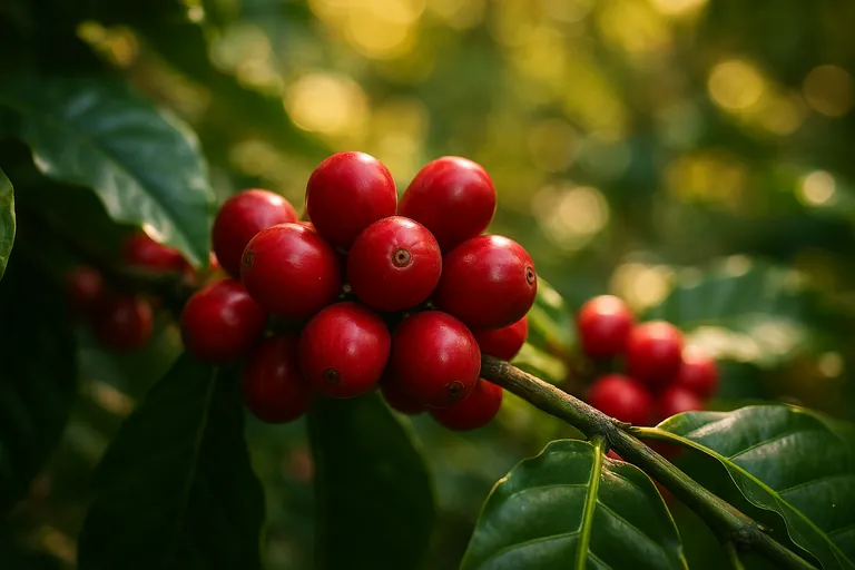 Close-up of ripe coffee cherries hanging on a coffee plant branch amid green tropical foliage with a blurred background.