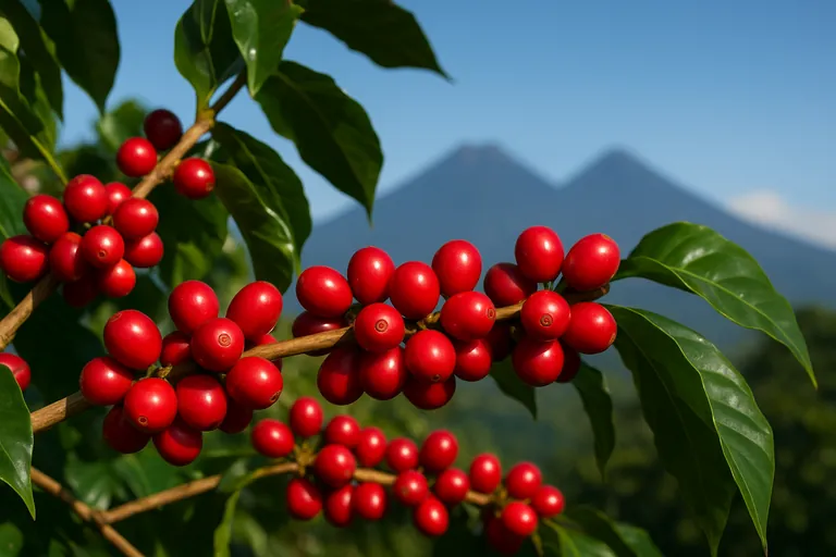 展示成熟咖啡樱桃鲜艳红色的特写，背景为模糊的火山山脉，天空晴朗。