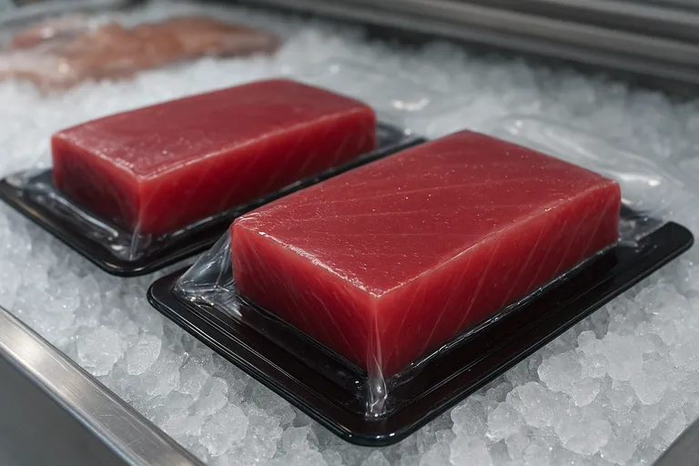 Close-up of ruby-red yellowfin tuna saku blocks in tight vacuum skin packs arranged neatly on crushed ice inside a refrigerated display case, showing clean trim and subtle natural edge darkening