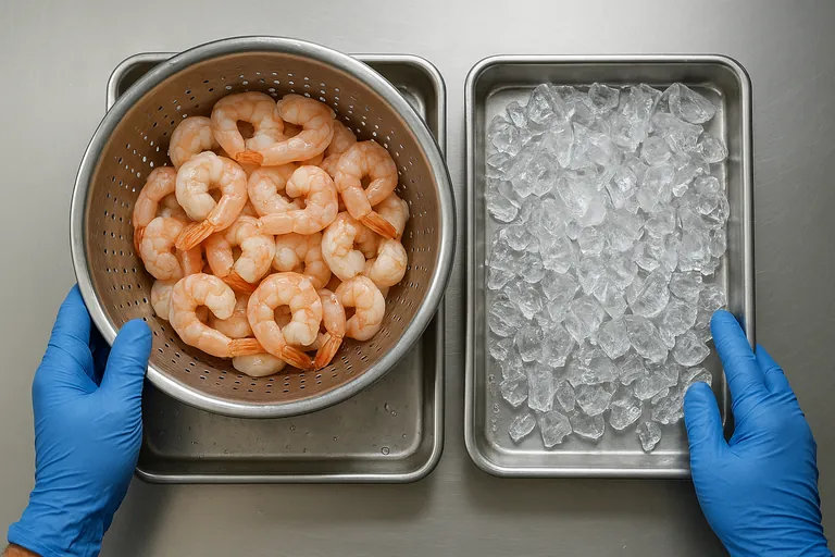 Tampak dekat udang yang telah dicairkan sedang dikeringkan dalam saringan stainless di atas loyang sementara serpihan lapisan es (glaze) dikumpulkan secara terpisah di nampan di dekatnya, ditangani oleh tangan bersarung untuk menjaga keduanya terpisah.