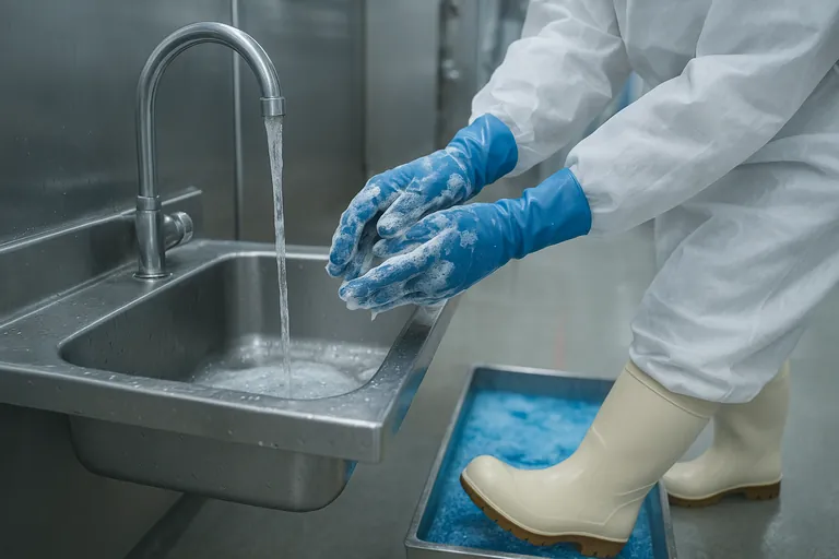 Close-up of the hygiene entry: gloved hands being thoroughly washed at a stainless steel sink while rubber boots step into a disinfectant footbath beside it, with hairnet and white gown visible.