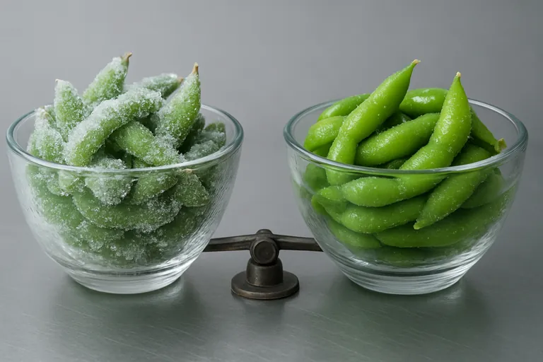 Primer plano de dos tazones de edamame, uno muy glaceado con hielo y el otro desglaceado, con una balanza inclinada entre ellos para ilustrar la diferencia de peso.