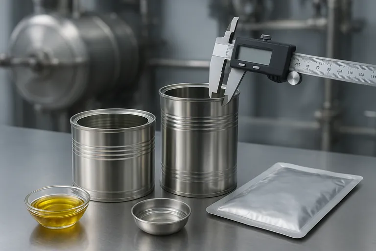 دو مختلف سائز کے کینوں کا قریب سے ناپ لیا جا رہا ہے، ایک کیلپر کے ساتھ، پس منظر میں ایک ریٹورٹ پاؤچ اور تیل و برائن کے چھوٹے پیالے ایک سٹین لیس بنچ پر، ریٹورٹ سازو سامان مدھم طور پر دکھائی دے رہا ہے۔