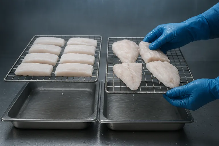 Gros plan de deux plateaux en maille décongelant des filets de poisson au-dessus de bacs d'égouttage en inox dans une chambre froide ; le plateau IQF ne montre qu'un léger film de fonte tandis que le plateau décongelé à partir d'un bloc a visiblement plus d'eau recueillie, des mains gantées ajustant les racks.