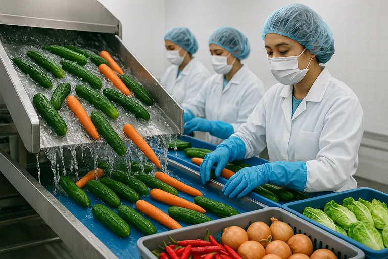 Close-up of whole vegetables being washed and sorted in a packhouse, with cucumbers, carrots, chili, onions, and baby romaine visible.