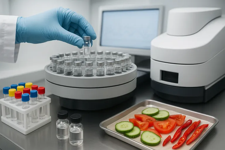 दायाँ कंधे से क्लोज़-अप दृश्य: दस्ताने पहने एक विश्लेषक सब्जी अर्क वायल्स को एक मास स्पेक्ट्रोमेट्री ऑटोसैम्पलर में लोड कर रहा है, पास में दूसरा यंत्र है, ट्रे पर तैयार किए गए खीरे, टमाटर और लाल मिर्च रखी हैं और एक साफ लैब बेंच पर एक्सट्रैक्शन ट्यूब्स हैं