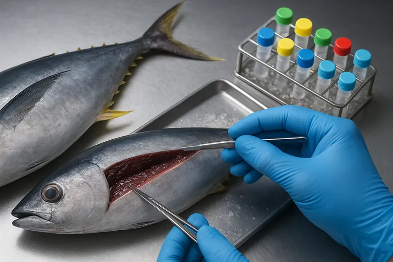 Крупный план сверху: техник в перчатках отрезает полосу тёмной мышцы прямо за головой вдоль позвоночника желтопёрой тунца и помещает ткань в небольшие флаконы на подносе с колотым льдом в светлом, чистом производственном помещении.