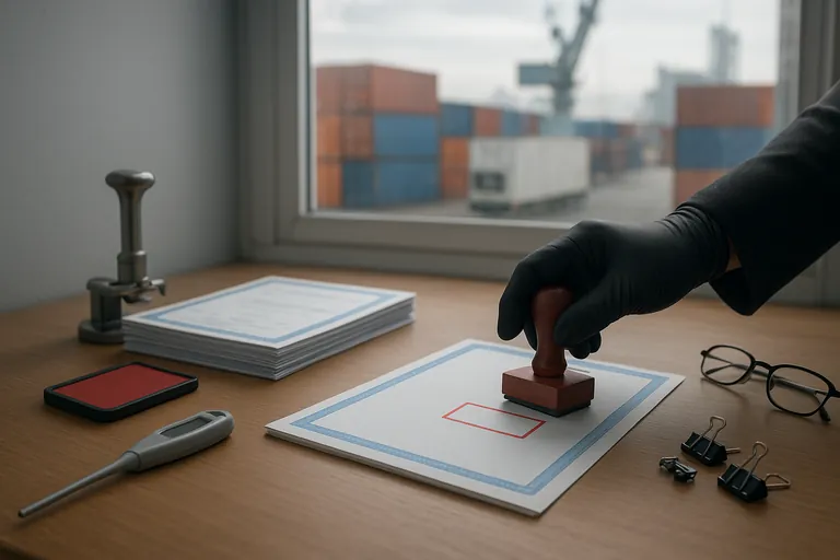 Close-up, overhead view of a logistics desk where a gloved hand presses a red stamp onto a stack of original shipping documents, with multiple identical paper sets, a seal press, and a digital thermometer probe nearby; the window reveals a blurred port scene.