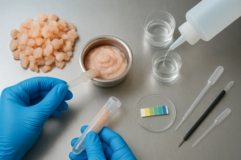 Close-up overhead view of gloved hands homogenizing shrimp and adding clear extraction buffer during preparation for a sulfite strip test