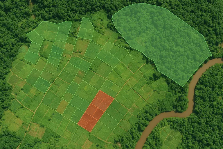 Close-up satellite map view of smallholder coffee plots with colored boundaries, inward buffer lines, circular assessment zones around points, a protected area overlay, and two neighboring plots highlighted in red to indicate exclusion after recent clearing.