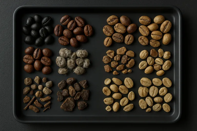 Close-up, split tray showing examples of Indonesian coffee defects: left side primary defects (full black, sour, moldy, foreign matter and pod fragments); right side secondary defects (partial black/sour, insect damage, broken/chipped, withered/immature and floaters, shells, beans with parchment or silver skin).