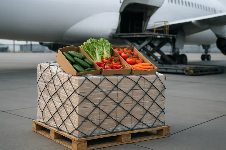 Close-up view of a shrink-wrapped air cargo pallet with uniform cartons of mixed fresh vegetables beside an open aircraft cargo door and loader, emphasizing accurate packaging and count.