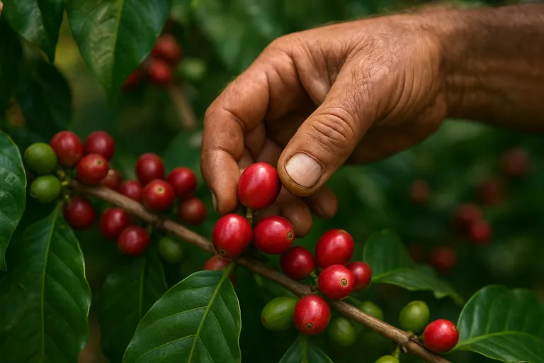 Close-up view of fresh coffee cherries being handpicked from coffee branches on a farm