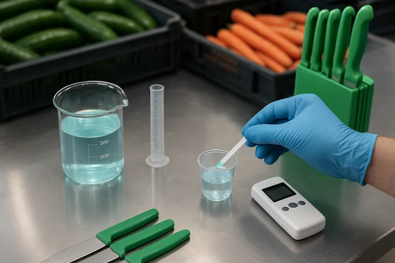Close-up workstation shot showing sanitizer mixing and verification with test strips alongside green color-coded knives and boards in a vegetable facility.