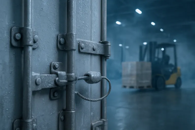 Close‑up of a refrigerated container’s doors showing the metal locking bars and a secured bolt seal, with frosted surfaces and drifting cold vapor; in soft focus behind, a forklift carries a pallet of frozen cartons inside a warehouse aisle.