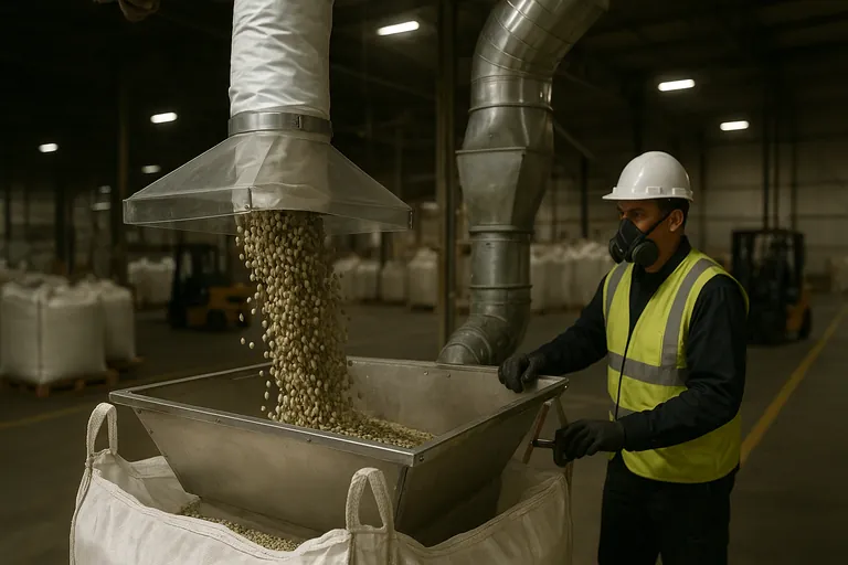 Close‑up of bulk green coffee cascading from a container liner’s spout into a dust‑controlled hopper that fills supersacks, with a technician adjusting the flow and a forklift staging filled bags in the background.