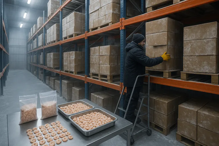 Cold storage warehouse scene showing a worker pulling random cartons from stacked pallets of frozen shrimp, with a nearby table where small portions from many cartons are combined into two composite samples with different colored seals