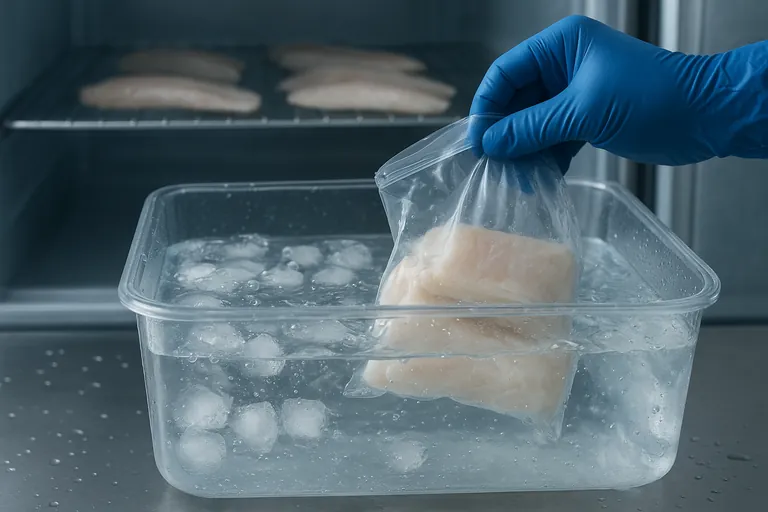 Cold-water thaw setup on a stainless counter: a clear bin filled with icy water submerging a loose clear bag of fish held by a gloved hand, with an open fridge in the background showing fillets air-drying on a wire rack.