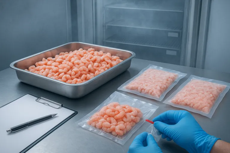 Cold‑room sampling setup showing pooled shrimp composite and a duplicate retention composite in vacuum‑sealed pouches on a stainless table, with gloved hands sealing a clear bag and an open industrial freezer in the background.