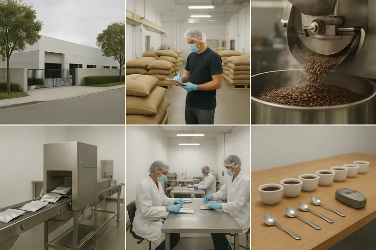 Kolase foto yang menunjukkan eksterior pabrik kopi, penerimaan biji hijau, lini pemanggangan, deteksi logam pada lini penggilingan, ruang pengemasan, dan ruang cupping QC.