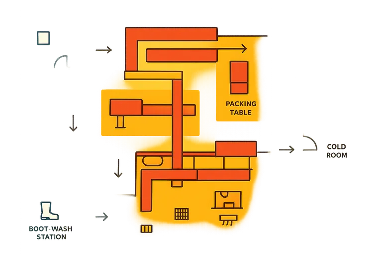 濡れた水産加工場におけるリスクベースのゾーニングを示す色分けされた俯瞰図：コンベヤや包装台（直接食品接触）は赤、隣接機器のフレームはオレンジ、処理室内の床と排水は黄色、外側の通路と更衣エリアは青。矢印は一方向の人と製品の流れを示し、ブーツ洗浄入口、エアカーテン付きドア、格子のある排水、凝縮水受け皿、冷蔵室入口を示すアイコンを配置。