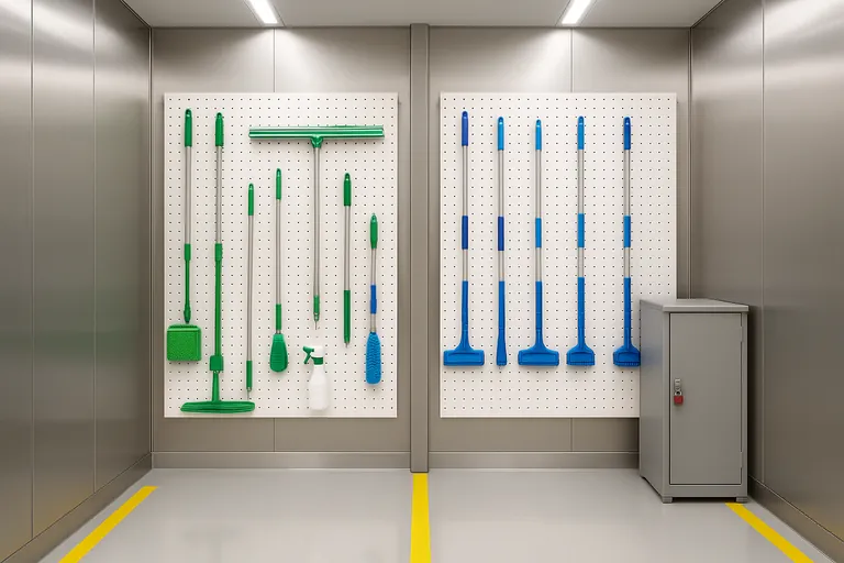 Color‑coded sanitation station: green tools and buckets on one side, blue on the other, separated by a divider, with a locked gray cabinet nearby and yellow floor lines marking boundaries.