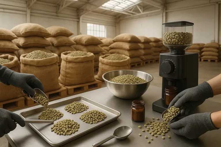 Composite sampling in a coffee warehouse: a worker uses a long sampling spear to draw beans from multiple jute bags, combines equal portions on a stainless tray, and grinds a sub-sample to a uniform powder.
