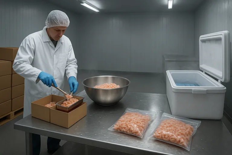 Composite sampling workflow for shrimp: samples pulled from multiple cartons, combined in a stainless bowl, then split into two sealed bags—one going into a freezer, the other into a cooler for the lab.
