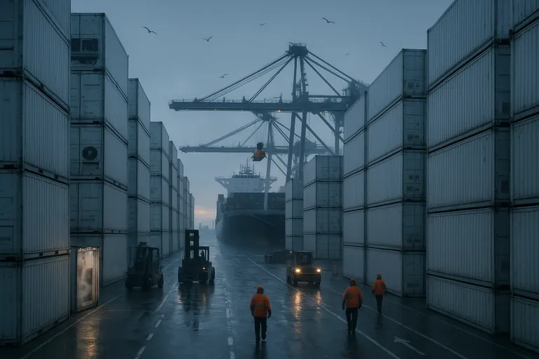Congested South Atlantic port at dawn with stacks of refrigerated containers and a reefer ship being loaded by cranes; trucks and forklifts move among wet quay surfaces with light fog.