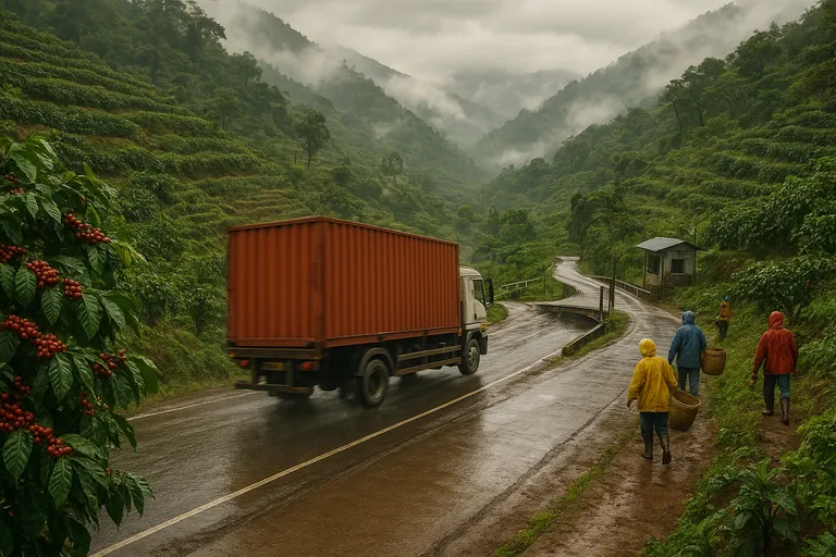 Truk kontainer mengangkut kopi melalui dataran tinggi Sumatra melewati kebun kopi bertingkat dan weighbridge pada sore berkabut dan basah, menekankan realitas truk darat dari Aceh dan Medan.