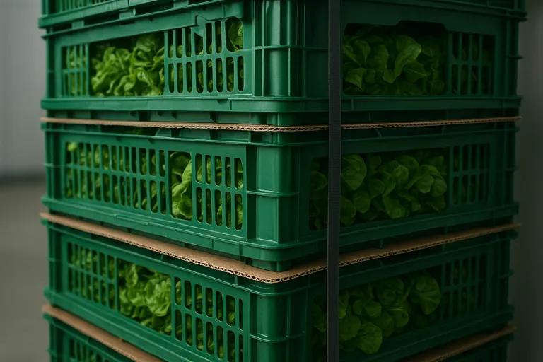 Cutaway close-up of a tall stack of ventilated crates of leafy greens with thin corrugated pads inserted between several layers to reduce compression.
