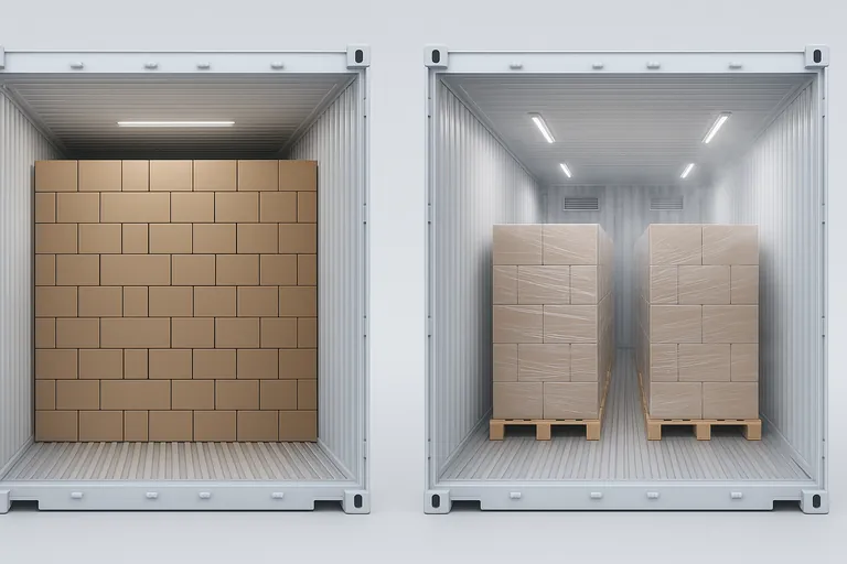 রিফার ইন্টারিয়রের কাটঅ্যাওয়ে তুলনা: বাম পাশ পুরোপুরি ফ্লোর‑লোডেড কার্টন ছাদ পর্যন্ত টায় করা, ডান পাশ প্যালেটযুক্ত স্ট্যাকগুলো কাঠের প্যালেটে স্পষ্ট উল্লম্ব এয়ার চ্যানেল এবং একটি সেন্ট্রাল আইল নিয়ে, IQF কার্টনের ক্যাপাসিটি ট্রেড‑অফগুলো নির্দেশ করছে.