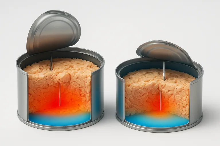 Comparación seccionada de dos latas redondas de atún con el mismo diámetro pero diferentes alturas, mostrando el paquete interno de atún y una sonda de temperatura en el punto frío, con gradientes de color que indican penetración térmica más rápida en la lata más baja.