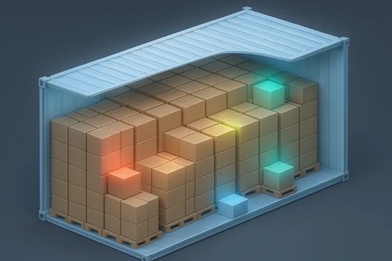 Schnittdarstellung isometrisch eines 40‑Fuß-Kühlcontainers, gefüllt mit gestapelten Kartons, mit zufällig hervorgehobenen Kartons über Vorder-, Mittel- und Hinterbereich sowie in niedrigen, mittleren und oberen Höhen auf beiden linken und rechten Seiten, um eine breite, unverzerrte Auswahl zu veranschaulichen.