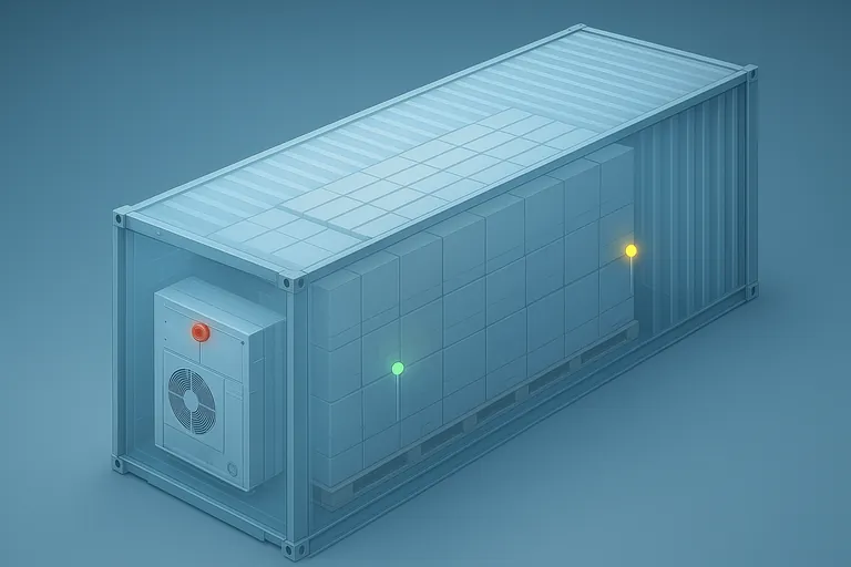 Cutaway isometric view of a reefer container with pallets, highlighting ideal data logger positions at the bulkhead high, inside a central carton with a probe, near the doors mid-height, along a sidewall mid-length, and a small ambient unit under the door gasket.