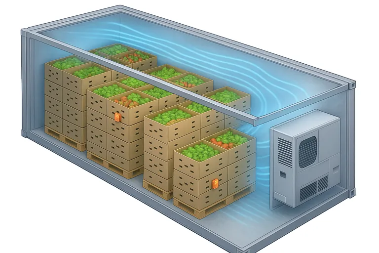 Cutaway isometric view of a refrigerated container showing ideal placement of two data loggers: one mid-height near the doors and one within center pallets at the nose, with airflow indicated from the refrigeration unit.
