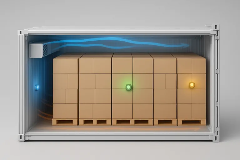 Cutaway side view of a reefer container showing stacked cartons with data loggers placed: one inside a mid-load carton, one in free air near the doors, and an optional third near the front bulkhead, with airflow paths indicated by colored currents.