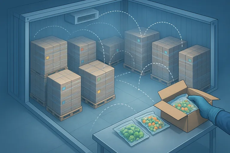 Cutaway-style scene of a refrigerated container showing pallets sampled across different stacks and layers, with color-tagged pallets for different production dates and selected inner bags being pulled for inspection.