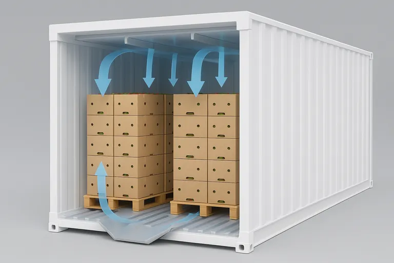 Cutaway technical scene of a reefer container front section showing pallets of bird’s eye chili cartons with vertically aligned vents forming airflow chimneys, clear T-floor channels, a V-shaped air deflector at the front, headspace below the ceiling baffles, and a small data logger placed inside a low carton near the floor.