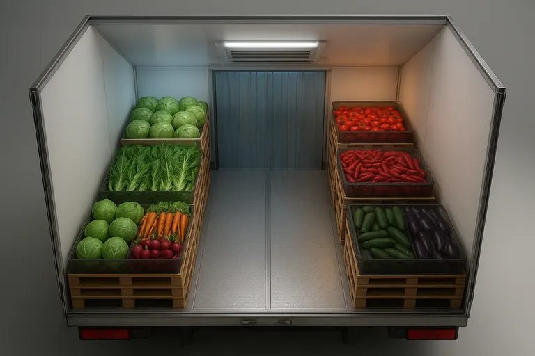 リーファートレーラー内側のカットビュー（上方図）。前方・中央・後方のゾーンを示し、前方に耐寒性野菜、中央に葉物、後方にトマト、唐辛子、キュウリ、ナスを透湿性カバーで保護して配置し、センター通路、側壁・天井クリアランス、ストリップカーテン、開放されたTフローチャネルを示しています。