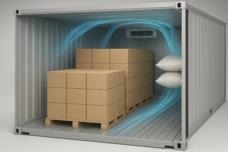 Cutaway view inside a reefer showing pallets on a clear T‑bar floor with small gaps at the bulkhead, sidewalls, and ceiling; airflow loops along the floor toward the doors, rises at the door area, and returns along the ceiling to the unit, with airbags holding the top tier near the doors to keep the return path open.