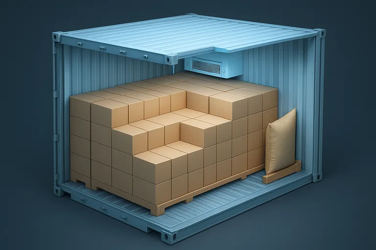 Cutaway view inside a refrigerated container illustrating proper airflow: brick-stacked cartons with side and top clearances, a clear rear return space held by dunnage, and an unobstructed front bulkhead.