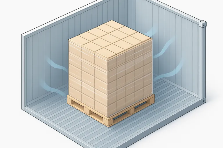 Cutaway view inside a refrigerated container showing a single pallet stacked in uniform layers of identical cartons on a grooved floor, with side gaps and headspace left for air circulation.