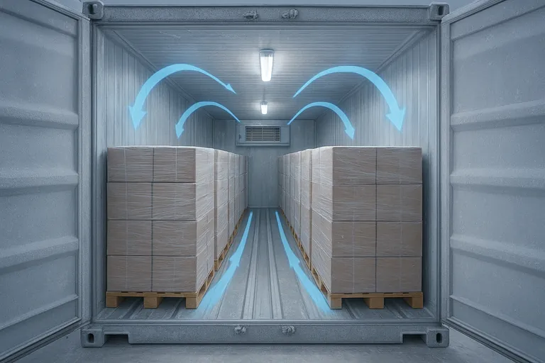 Cutaway view inside a refrigerated container showing parallel columns of single-stacked palletized cartons with clear top and side gaps and blue arrows indicating unobstructed airflow along the T-floor, up the front bulkhead, across the ceiling, and down over the loads.